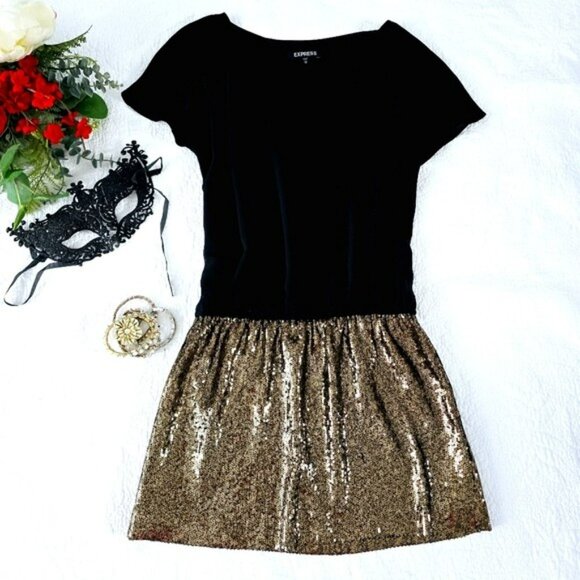 Express Women's Mini Dress Size XS Black Gold Sequins Cocktail Party Evening - Picture 14 of 14